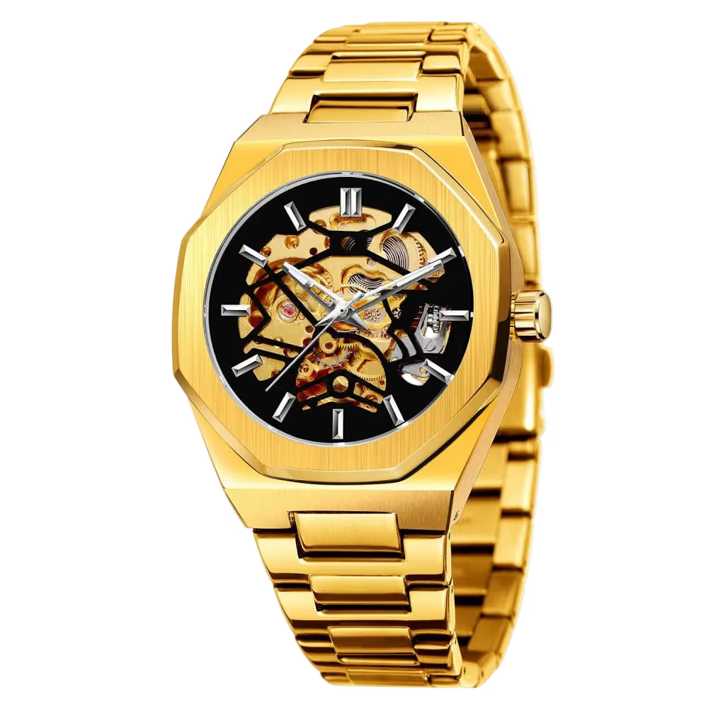 vastara - skeleton luxe automatic business watch for men - casual unisex watch with stainless steel in neutral stainless