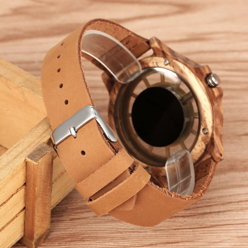 vastara transparent hollow dial coffee/brown/black wood es genuine leather band creative 's watch 21 - casual unisex