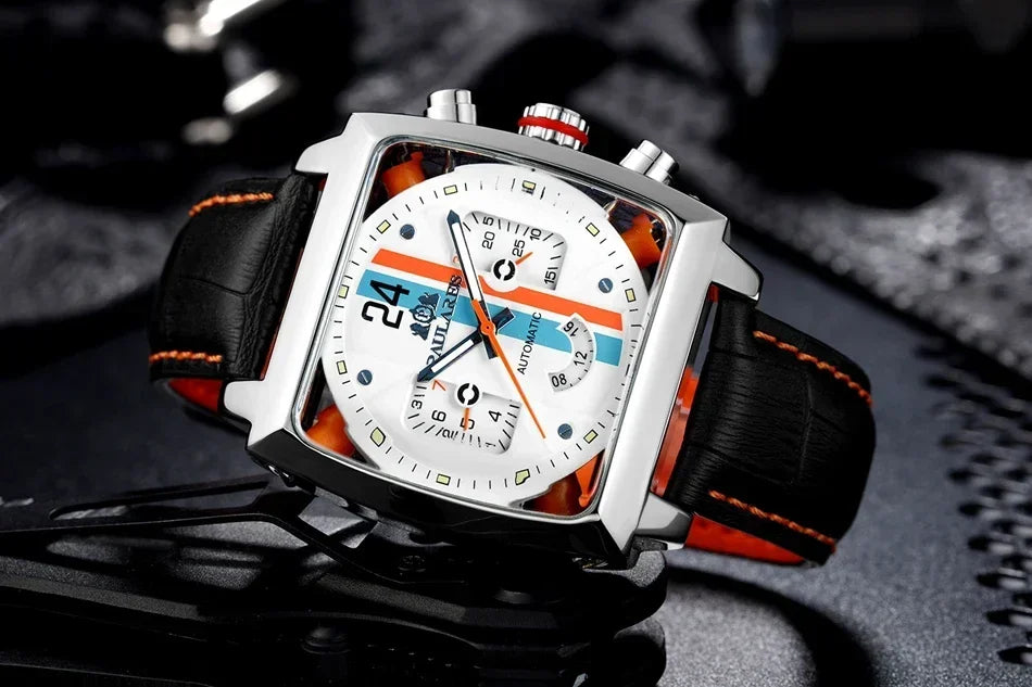 vastara leather stainless steel black orange casual 40mm perspective see through watch 18 - casual unisex timepiece with