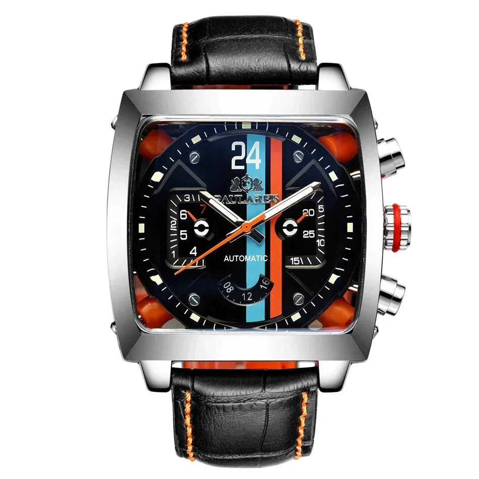vastara leather stainless steel black orange casual 40mm perspective see through watch 10 - casual unisex timepiece with