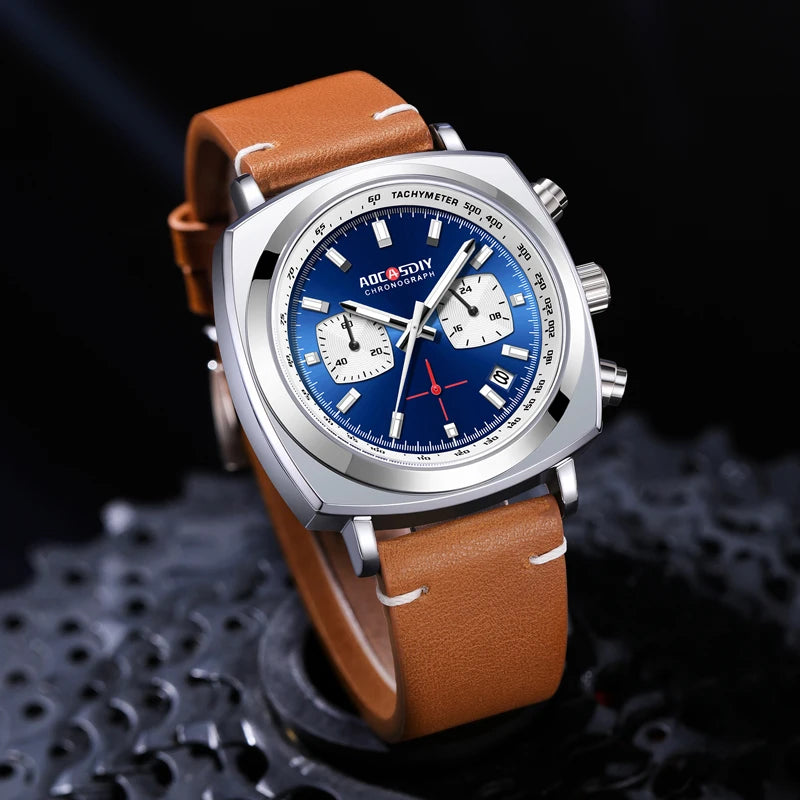 vastara men’s square leather watch watch detail - quartz movement movement, chronograph, waterproof modern design (USA)