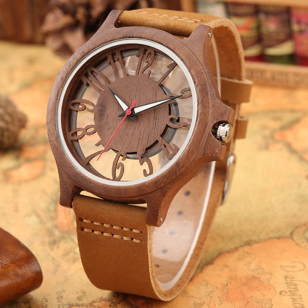 vastara transparent hollow arabic numerals display 's wood chic genuine leather watch 15 - classic unisex timepiece with