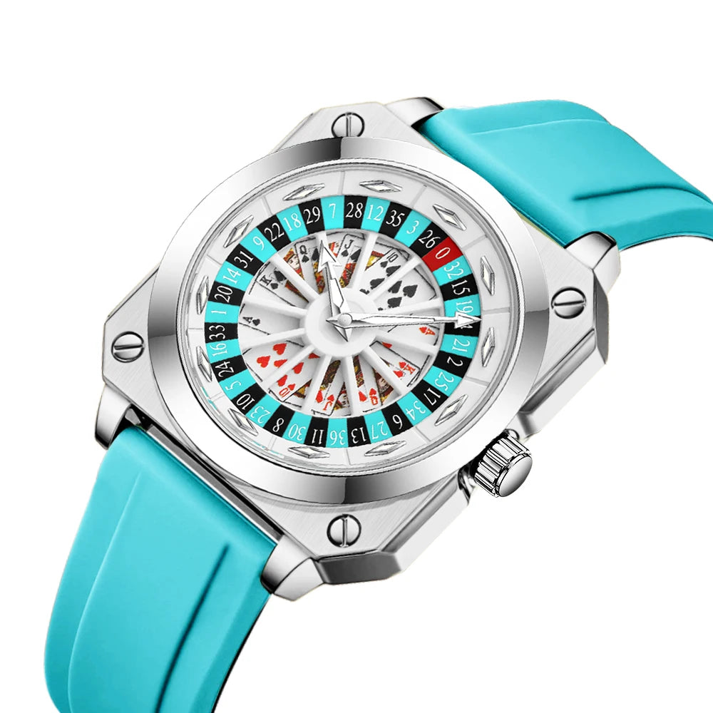 Creative Men Watch Fashion Roulette Original Quartz Movement Silicone Red Black Sports Square Rotating Night Light Watch f...