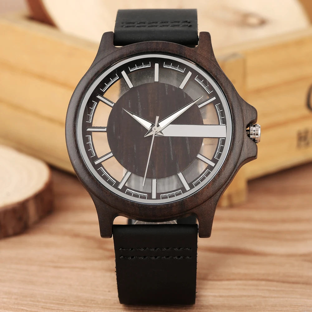 vastara transparent hollow dial coffee/brown/black wood es genuine leather band creative 's watch 8 - casual unisex