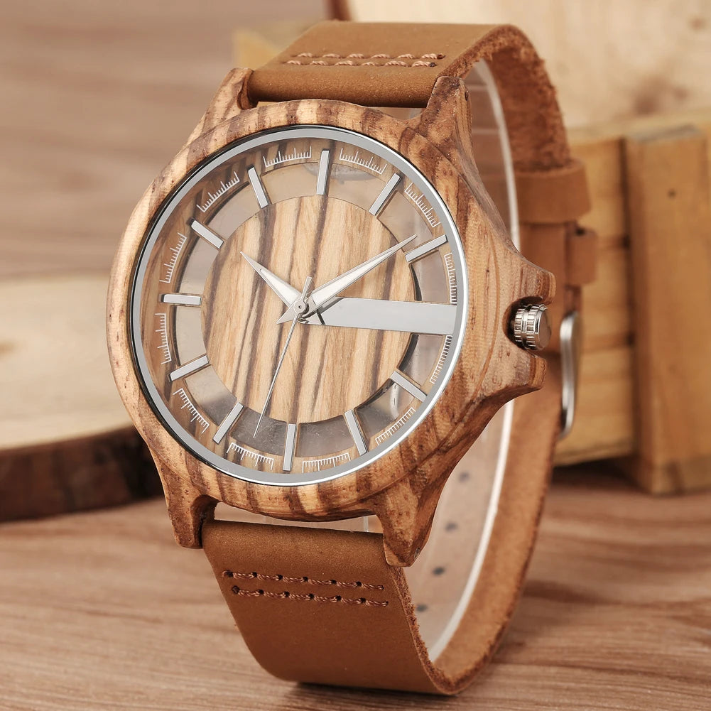 vastara transparent hollow dial coffee/brown/black wood es genuine leather band creative 's watch 19 - casual unisex