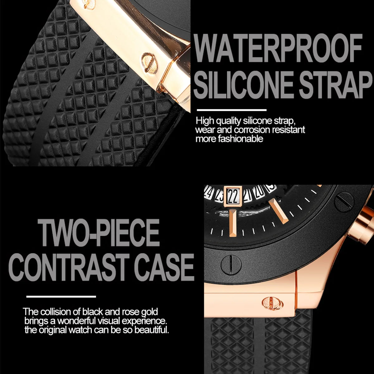 vastara black silicone s hand 46mm hollowed out large dial rose watch 5 - classic unisex timepiece with stainless steel (USA)