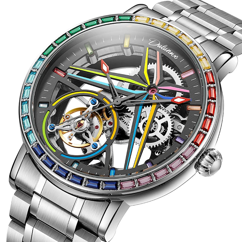 VASTARA vastara - rainbow colored gemstone tourbillon fashion skeleton watch unisex timepiece - waterproof stainless steel