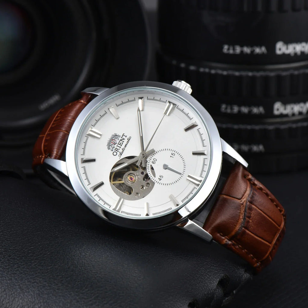 vastara orient double lion japanese fully hollowed out business 's leather strap watch 26 - business unisex timepiece with