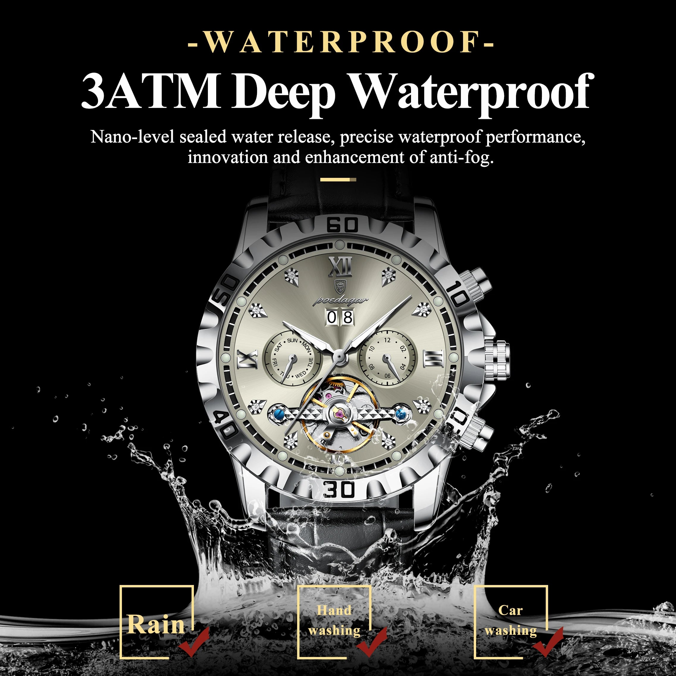 VASTARA vastara genuine leather sapphire poedagar hollow tourbillon unisex timepiece - stainless steel stainless steel watch