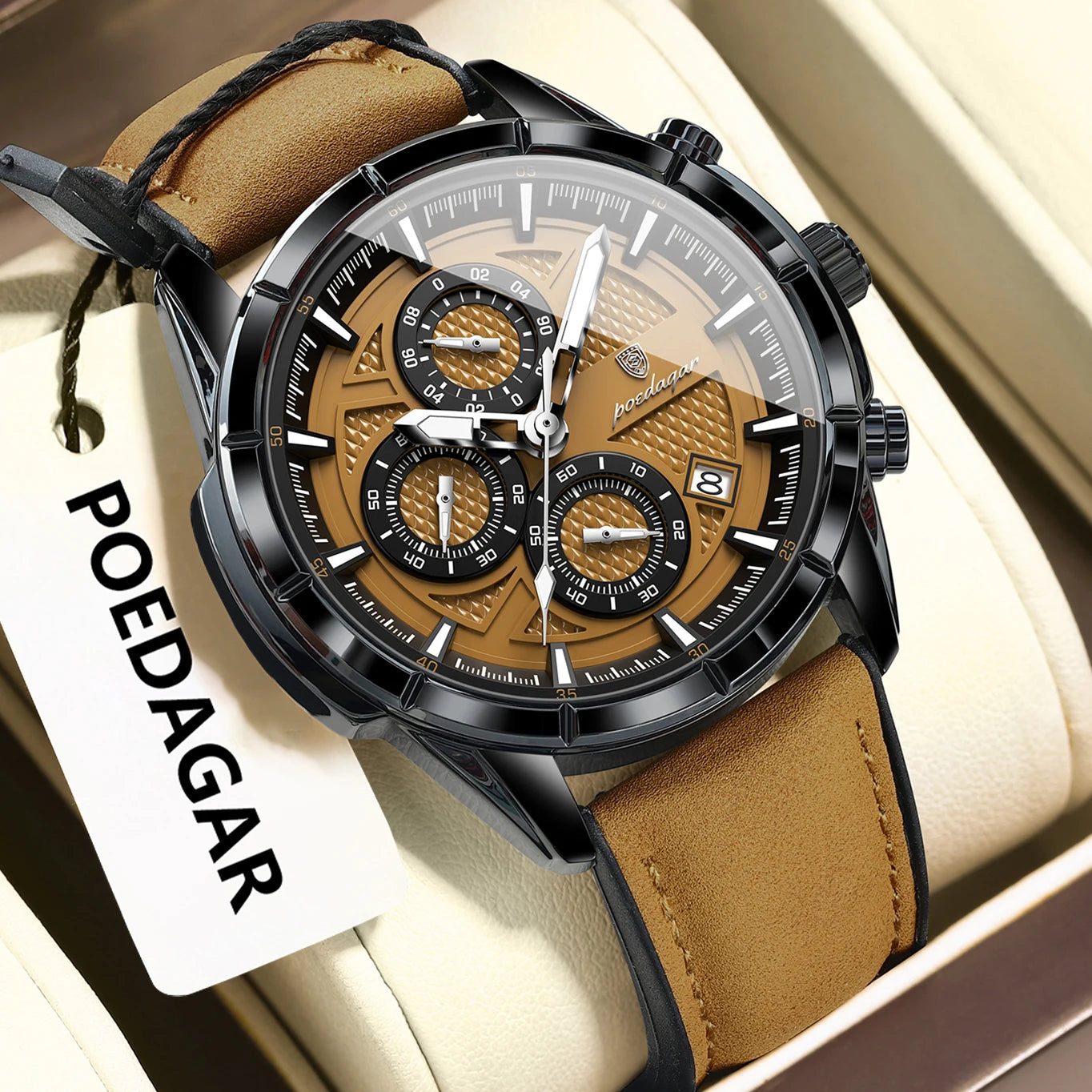 vastara chronograph poedagar original leather - genuine leather - classic unisex watch with chronograph in white stainless