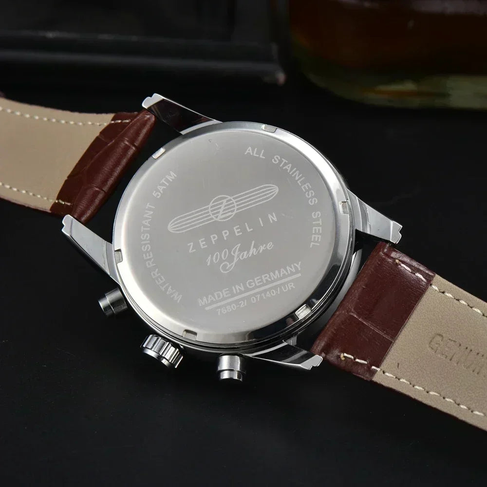 unisex vintage watch vastara - zeppelin skychrono 42mm quartz chronograph leather watch - business timepiece with silver