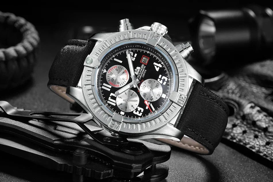 vastara s self wind canvas genuine black blue leather multifunction date month luminous watch 30 - classic unisex timepiece