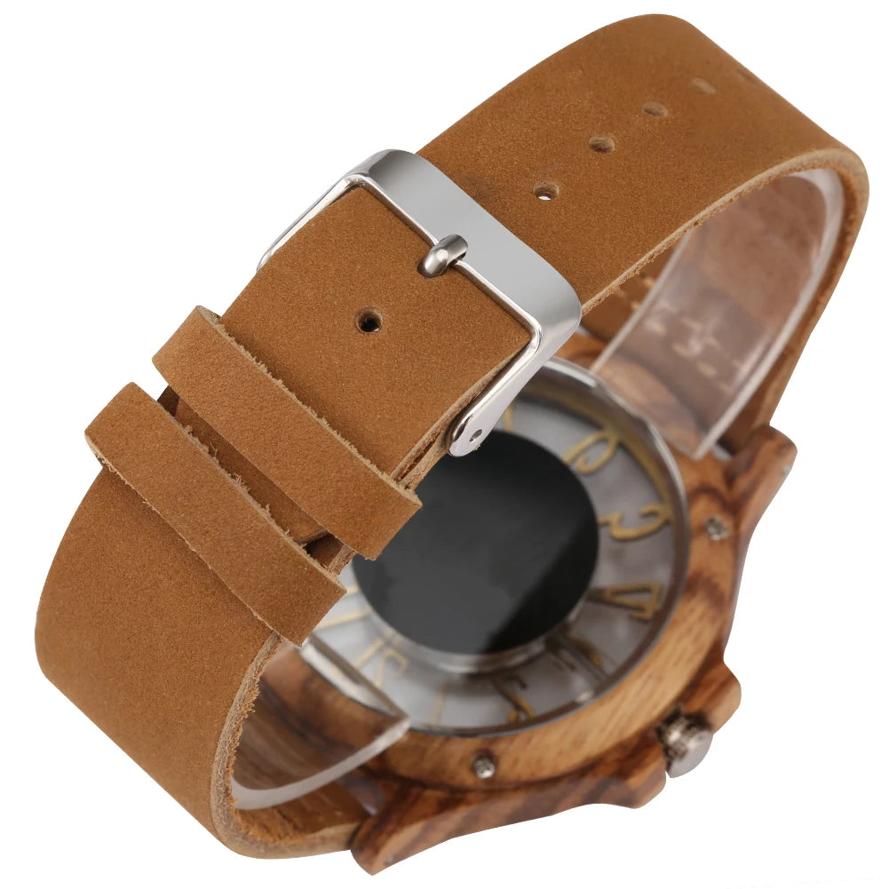 vastara transparent hollow arabic numerals display 's wood chic genuine leather watch 10 - classic unisex timepiece with