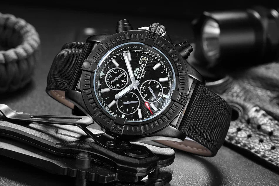 vastara s self wind canvas genuine black blue leather multifunction date month luminous watch 20 - classic unisex timepiece