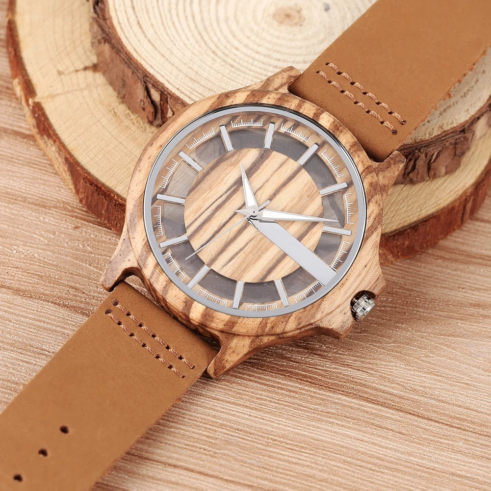 vastara transparent hollow dial coffee/brown/black wood es genuine leather band creative 's watch 20 - casual unisex