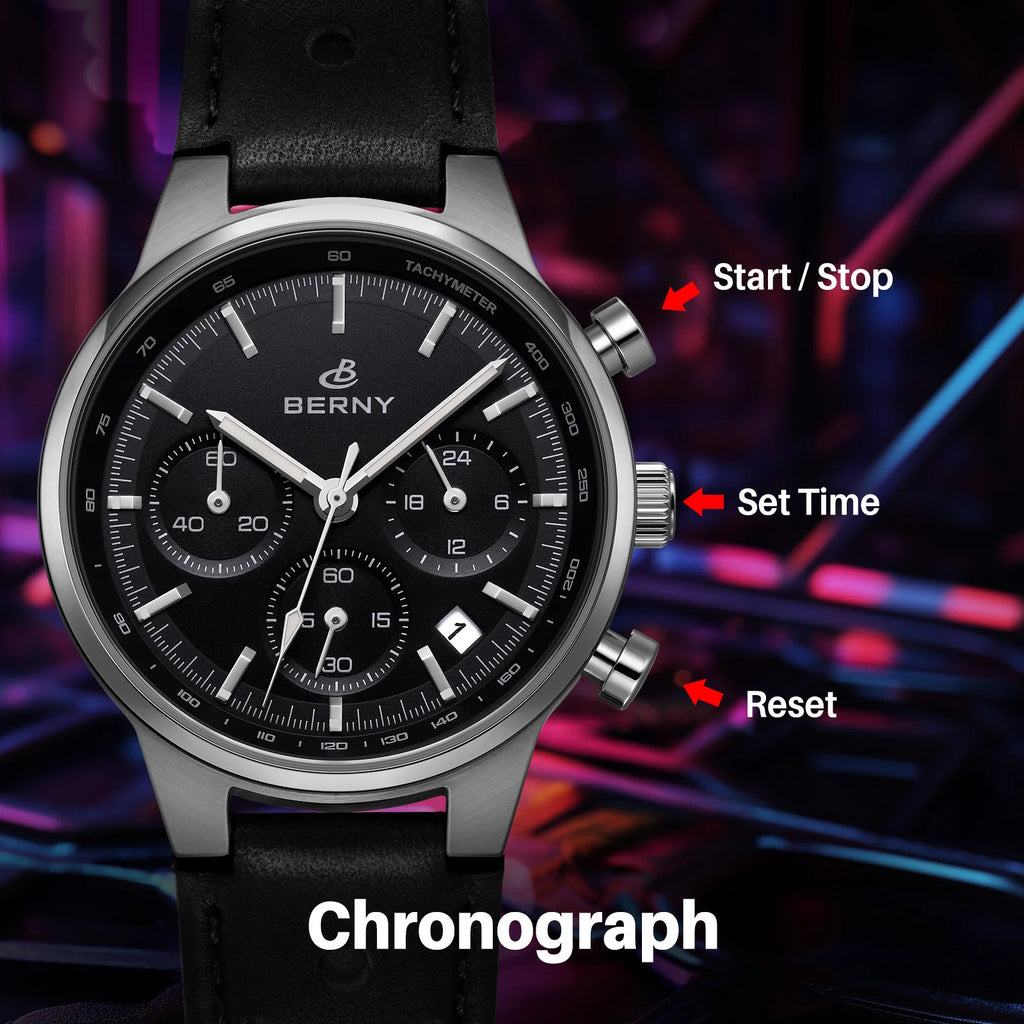 vastara berny chronograph sports for sapphire retro leather watch detail - reliable movement, chronograph, waterproof casual