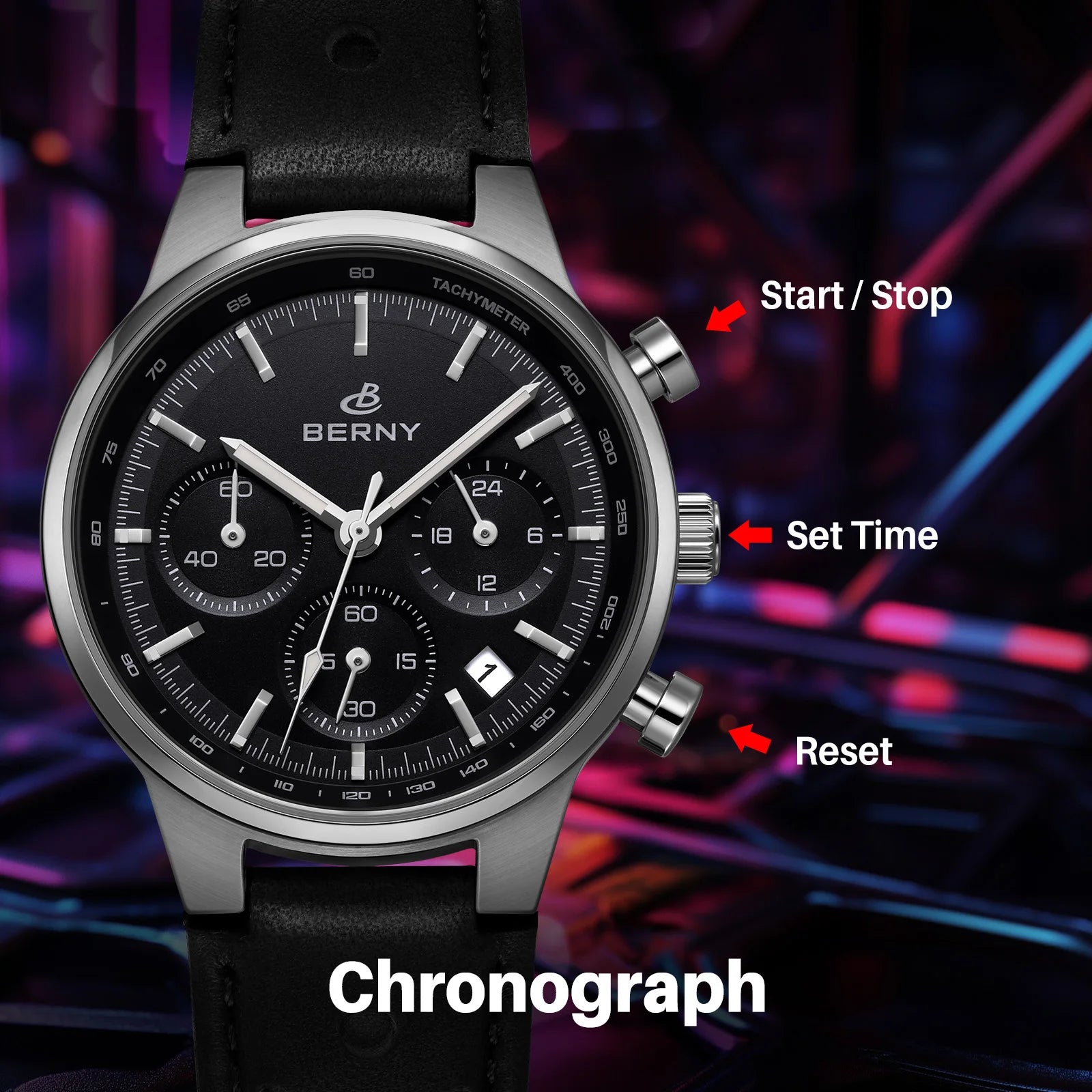 vastara berny chronograph sports for sapphire retro leather watch detail - reliable movement, chronograph, waterproof casual