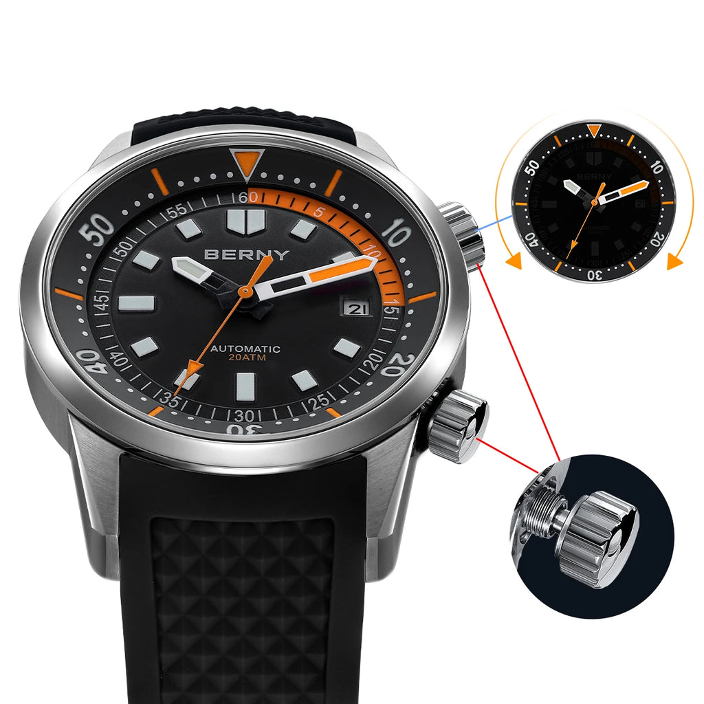 vastara - berny professional dive watch 200m watch detail - automatic movement movement, waterproof, waterproof sports