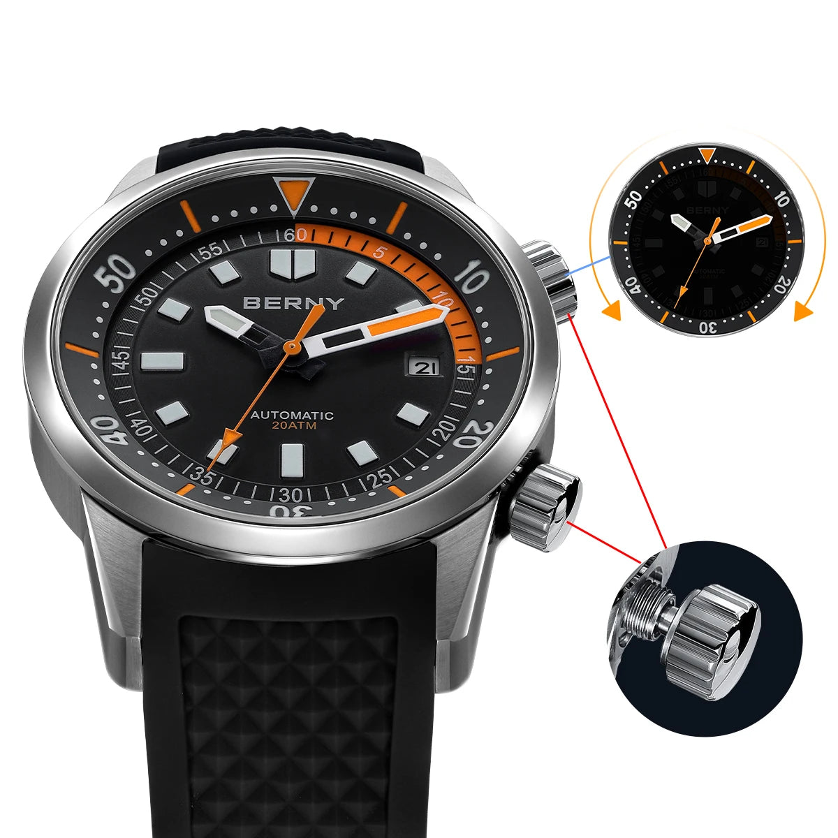 vastara - berny professional dive watch 200m watch detail - automatic movement movement, waterproof, waterproof sports