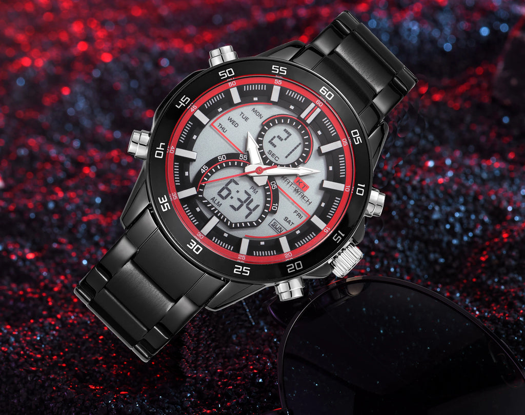 vastara retro black 's hybrid - digital analog display multi-function vintage alloy case leather stra watch 8 - vintage