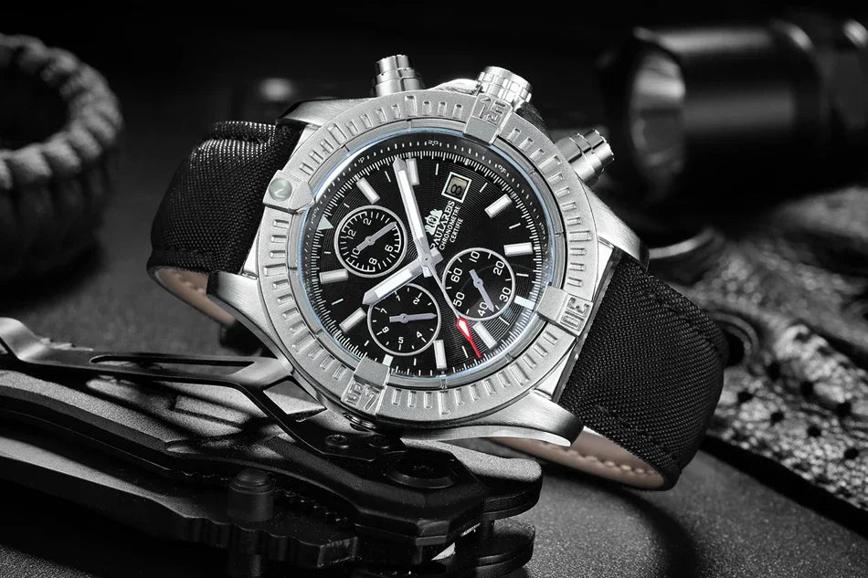 vastara s self wind canvas genuine black blue leather multifunction date month luminous watch 16 - classic unisex timepiece