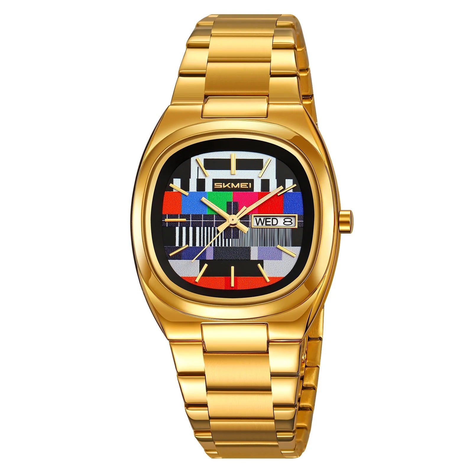 VASTARA vastara skmei retro gold oval watch tv pattern dial 30m unisex timepiece - stainless steel stainless steel watch