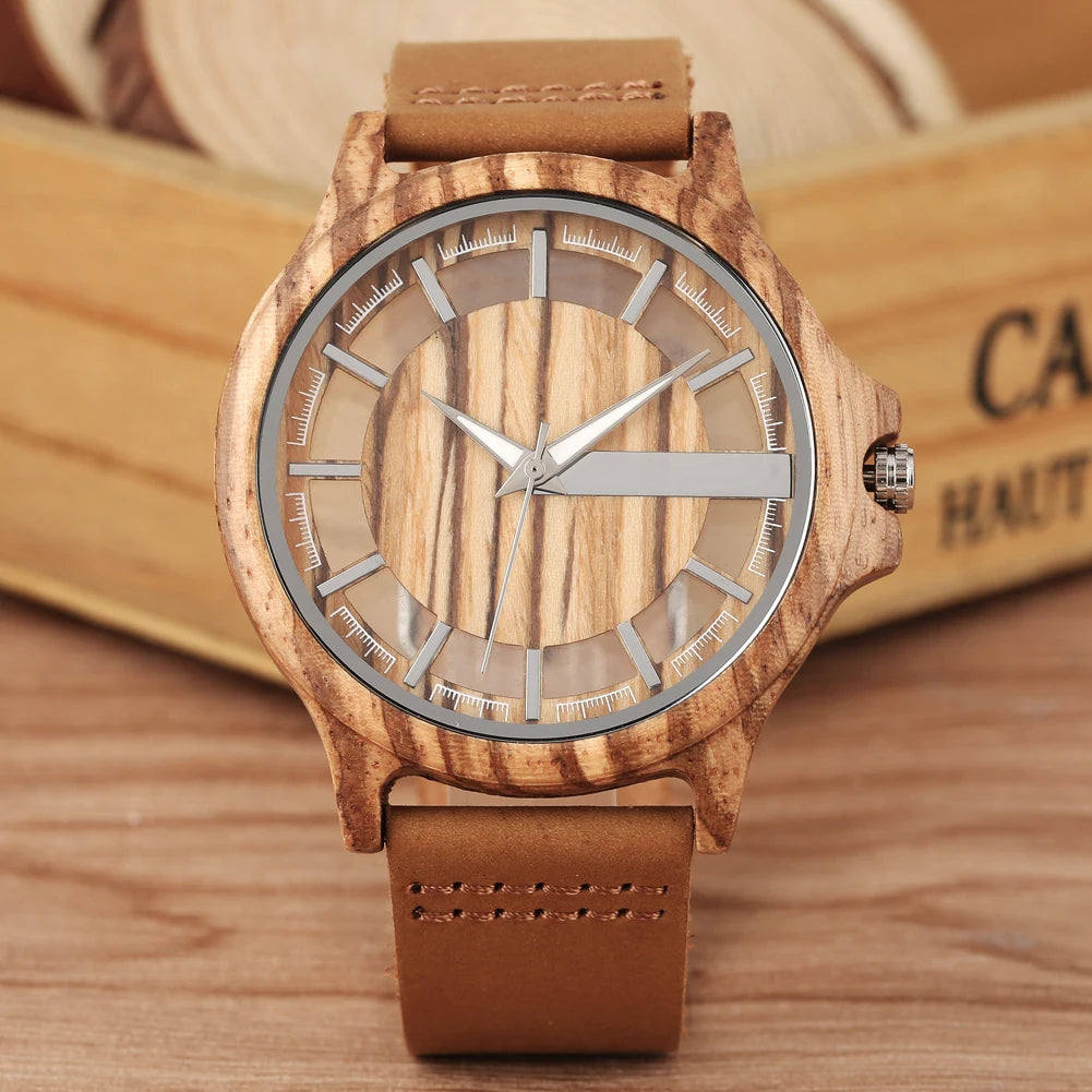 vastara transparent hollow dial coffee/brown/black wood es genuine leather band creative 's watch 18 - casual unisex