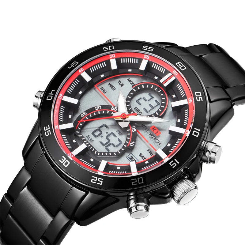 vastara retro black 's hybrid - digital analog display multi-function vintage alloy case leather stra - vintage unisex watch