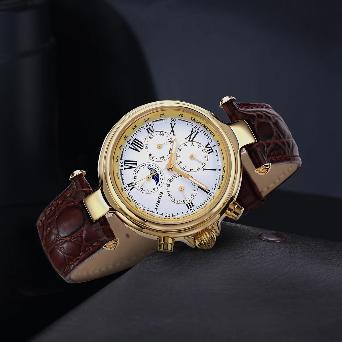 vastara retro for sun moon phase: genuine leather genuine leather watch 12 - classic unisex timepiece with stainless steel