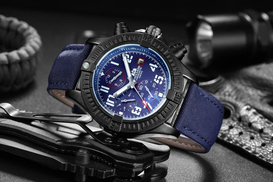 vastara s self wind canvas genuine black blue leather multifunction date month luminous watch 32 - classic unisex timepiece