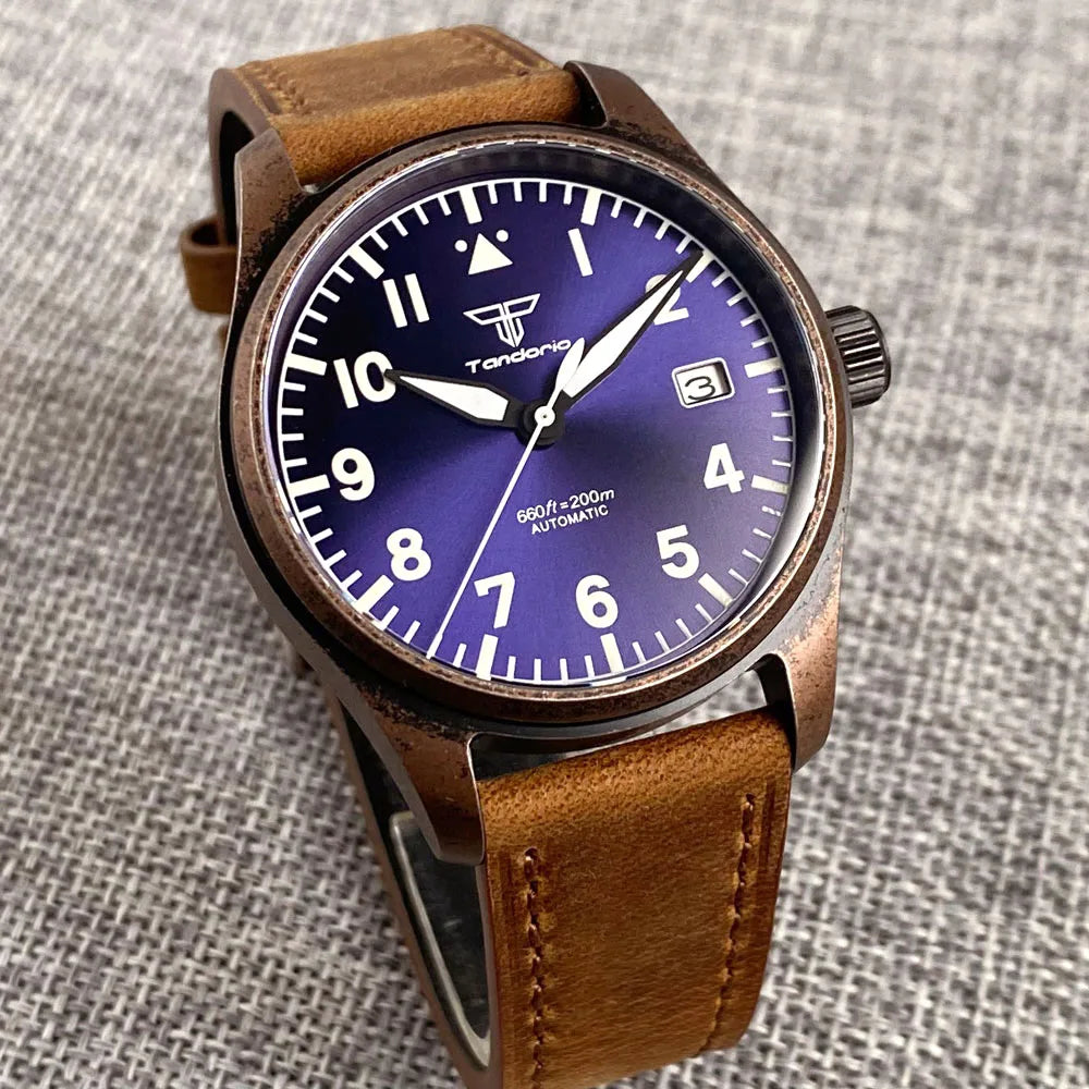 vastara sapphire tandorio retro pilot es nh35a 's bronze plated pvd sapphire crystal 39mm watch 7 - classic unisex timepiece