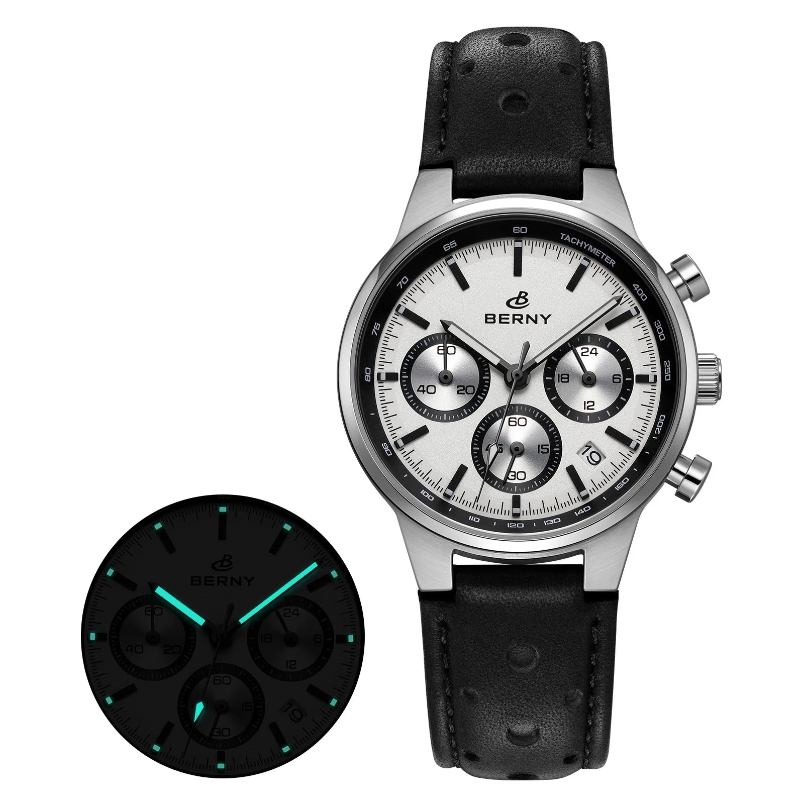 vastara berny chronograph sports for sapphire retro leather - casual unisex watch with chronograph in white stainless steel