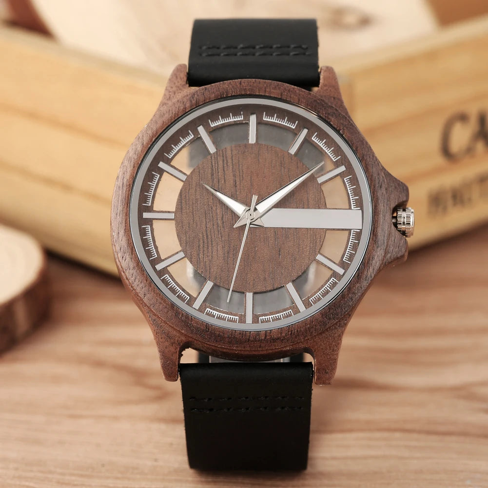 vastara transparent hollow dial coffee/brown/black wood es genuine leather band creative 's watch 13 - casual unisex