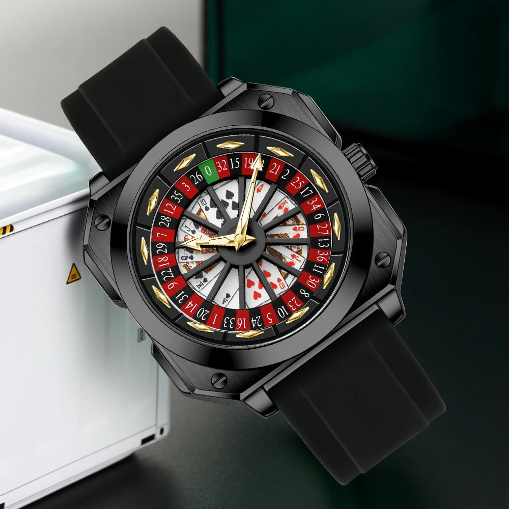 Creative Men Watch Fashion Roulette Original Quartz Movement Silicone Red Black Sports Square Rotating Night Light Watch f...