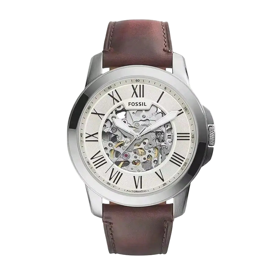 vastara - fossil man watches white dial and brown leather strap - casual unisex watch with stainless steel in white