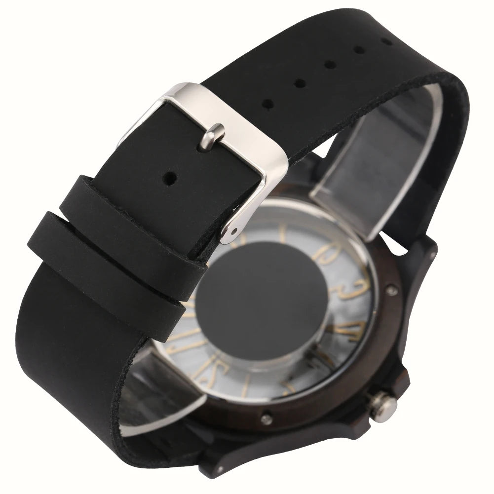 vastara transparent hollow arabic numerals display 's wood chic genuine leather watch 23 - classic unisex timepiece with