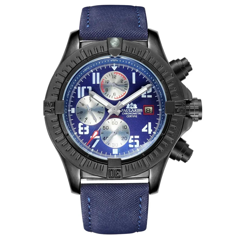 vastara s self wind canvas genuine black blue leather multifunction date month luminous watch 41 - classic unisex timepiece