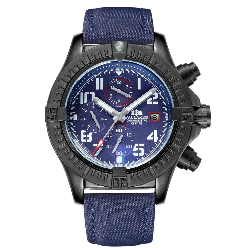 vastara s self wind canvas genuine black blue leather multifunction date month luminous watch 42 - classic unisex timepiece