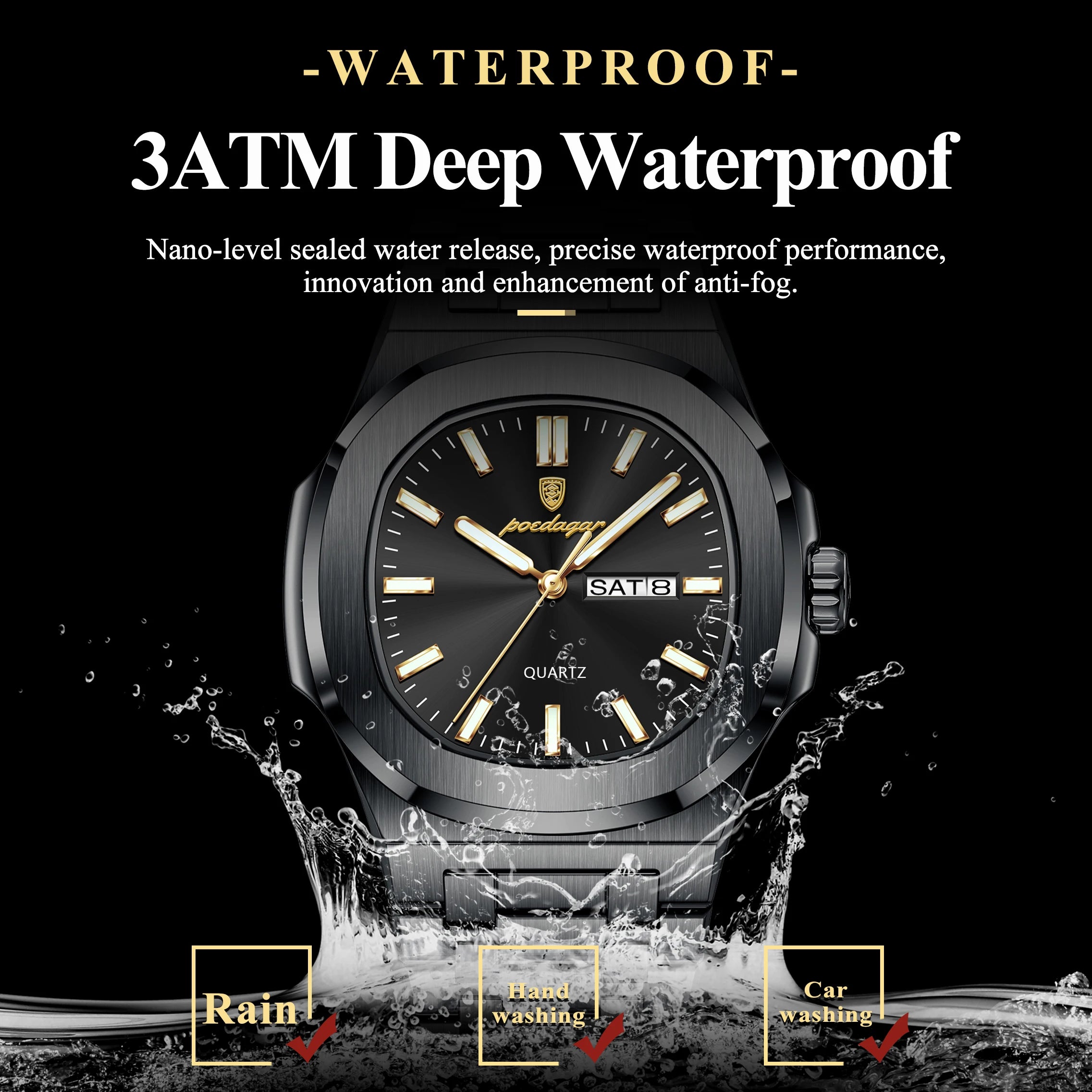 vastara poedagar square s es luminous watch detail - reliable movement, stainless steel, waterproof classic design (USA)