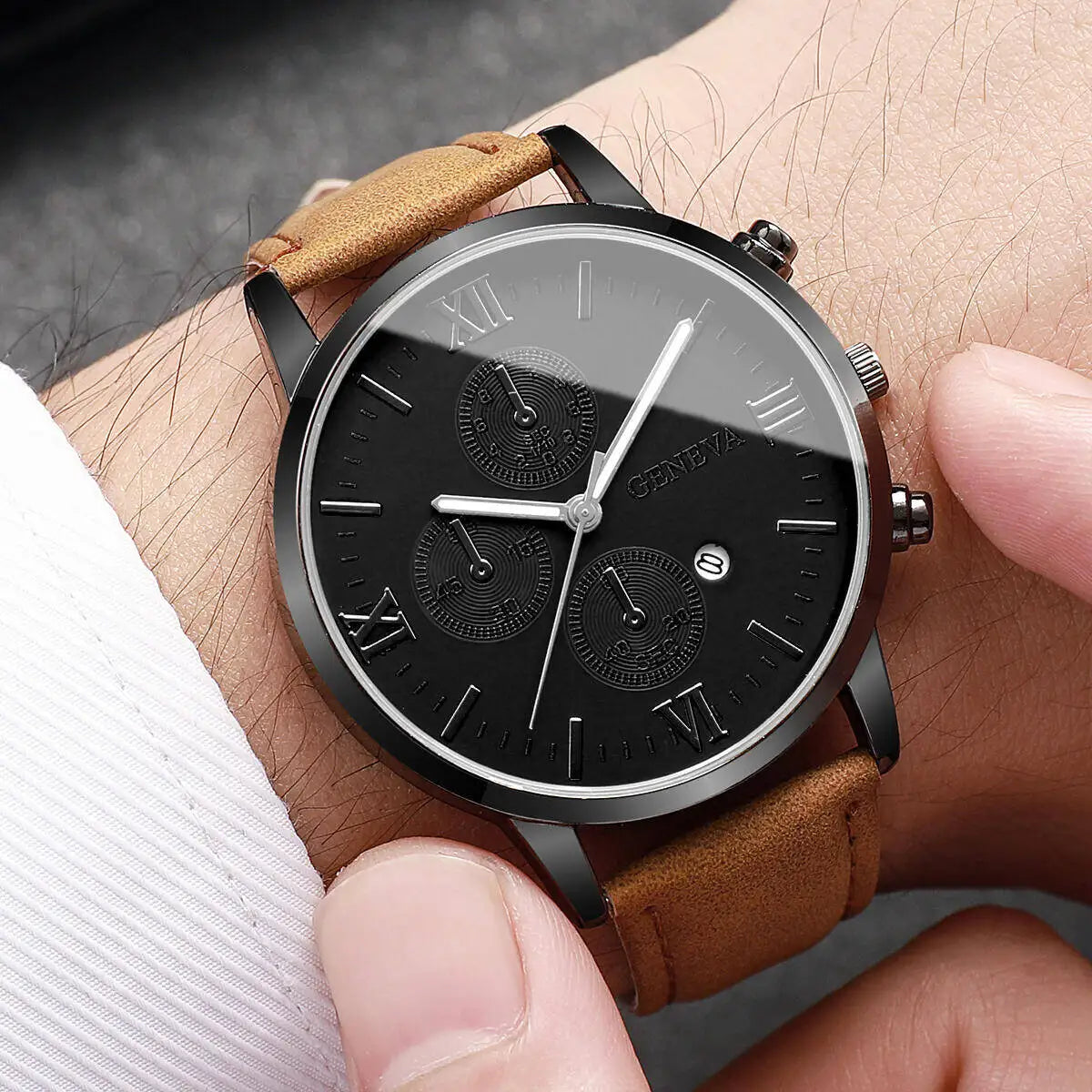 vastara - roma classic men s leather strap fashion watch watch detail - quartz movement movement, waterproof, waterproof