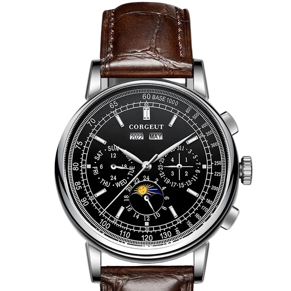 vastara - corgeut horizon master moonphase automatic watch - casual unisex watch with stainless steel in black stainless