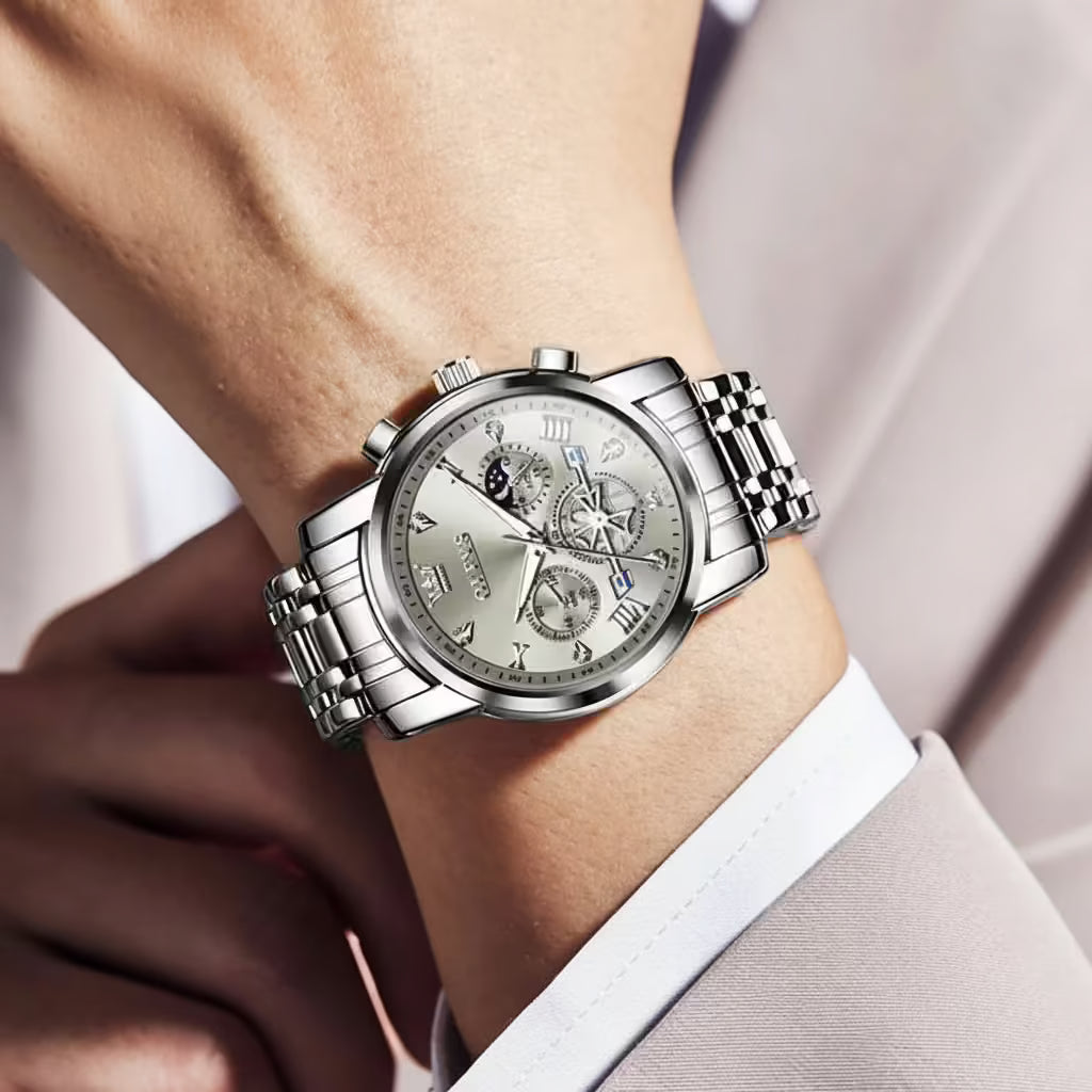 vastara - apollo chrono classic men s multifunction watch - modern unisex watch with chronograph in neutral stainless steel