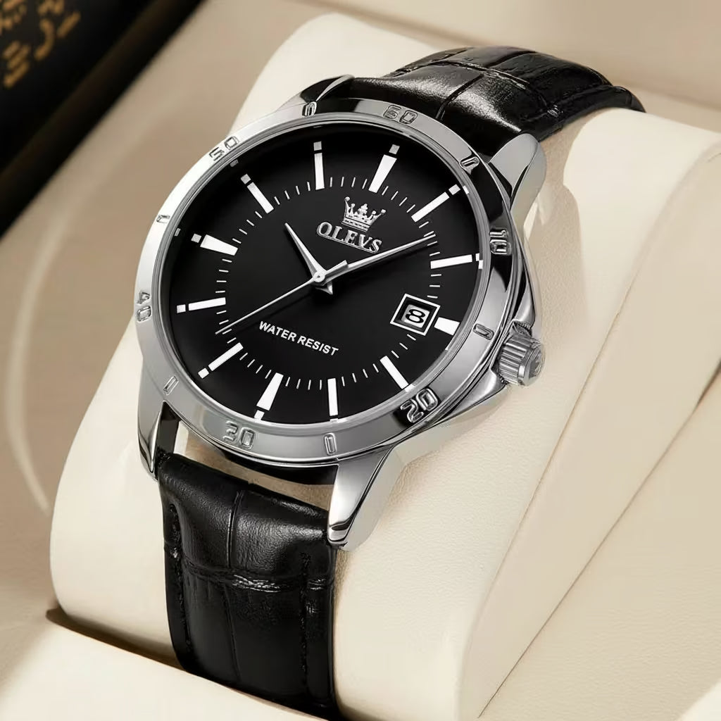 vastara - olevs noir the minimalist leather timepiece watch detail - quartz movement movement, leather strap, waterproof