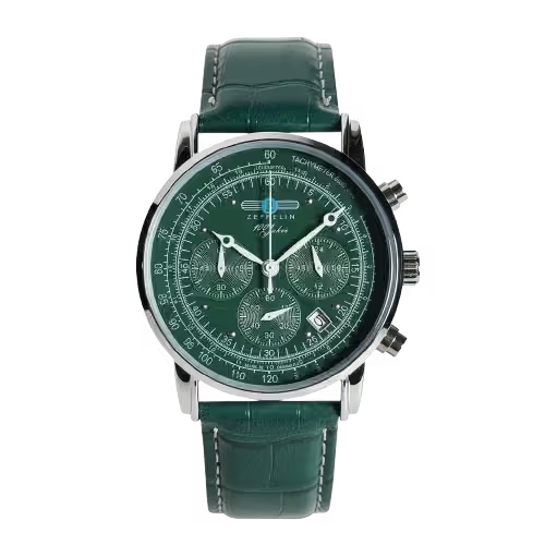 vastara - zeppelin skychrono 42mm quartz chronograph leather watch - vintage unisex watch with chronograph in silver