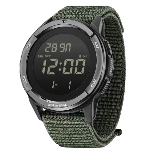 Digital watch with green strap on a white background
