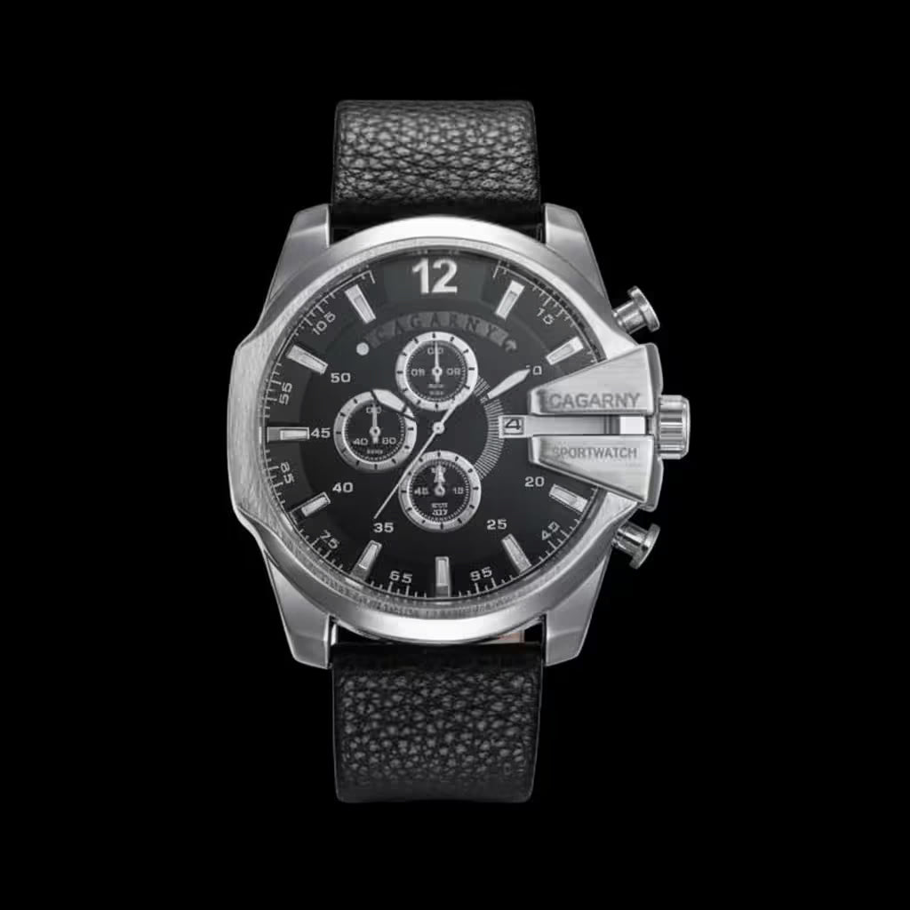 Black watch with silver case and black leather strap on a white background