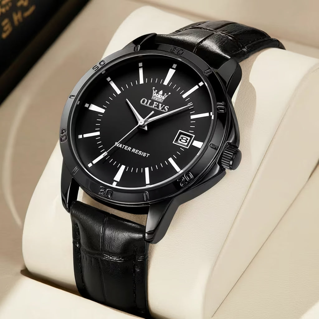 unisex minimalist watch vastara - olevs noir the minimalist leather timepiece - daily wear timepiece with black dial (USA)